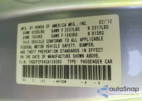 2012 Honda Accord 2.4 Se из США, поврежденный, VIN 1HGCP2F64CA108590